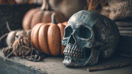 A human skull sits next to pumpkins on a stone surface