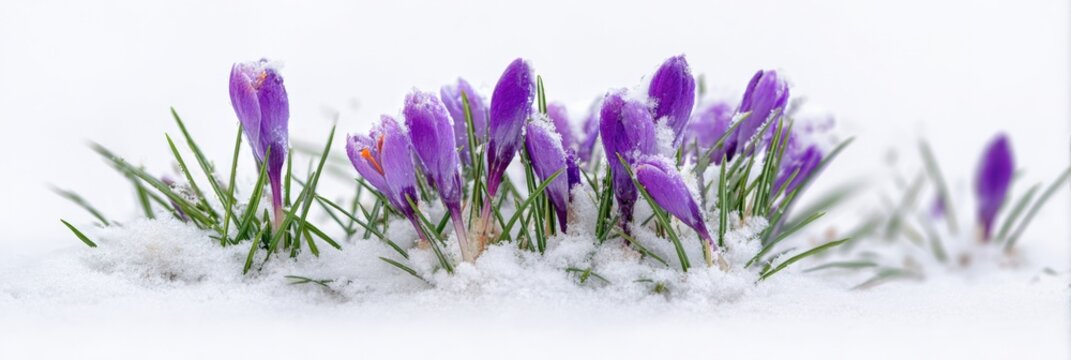 Vibrant purple crocuses emerging through snow in early spring