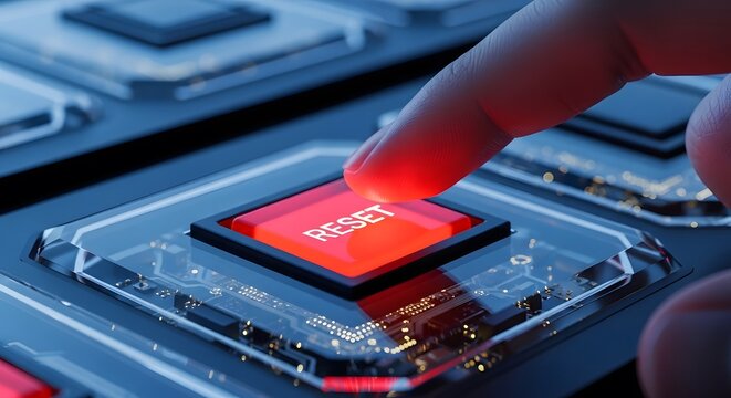 Finger presses a bright red reset button on a futuristic control panel with glowing circuits