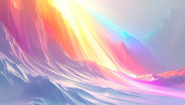 raggi di luce bianca abbagliante, che si propagano dal cielo sopra una superficie naturale di un ambiente di montagna innevato, mostrando tanti colori diversi