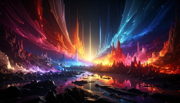 torri di luce multicolore distante, all'orizzonte, che illuminano le nuvole nel cielo e le acque su un terreno, in un ambiente naturale di fantasia, con montagne rocciose e punte accuminate