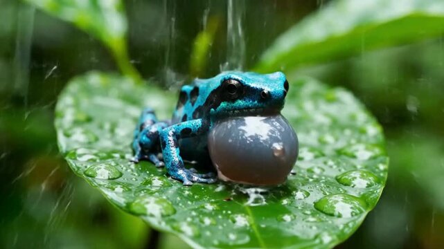 Brilliant blue poison dart frog vocalizing during heavy tropical rainfall on a wet jungle leaf motion footage