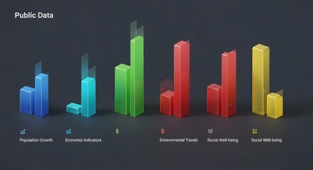 Fototapeta premium Public data visualization with colorful isometric bar charts and social trend icons design