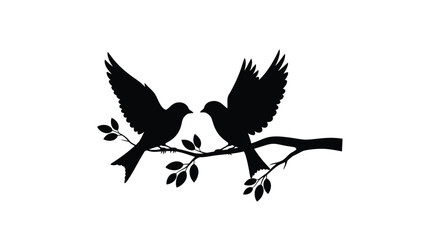 Fototapeta premium Two birds perched on a branch a detailed black silhouette