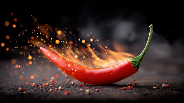 Red chili pepper with flames and sparks on a dark background, showcasing vibrant colors and textures, ideal for culinary or spice-related themes