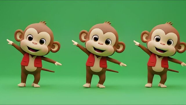 Three Cute Cartoon Monkeys Dancing on Green Background