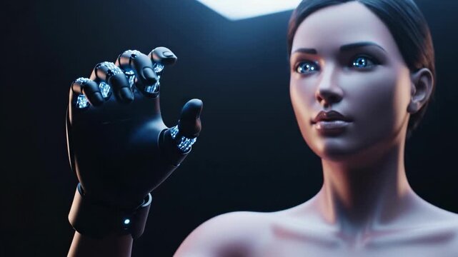 A futuristic female robot gestures with a hand illuminated by cool blue lights, showcasing advanced technology in a sleek, dark environment.