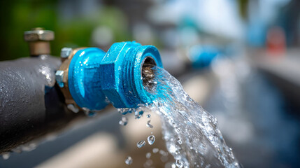 Close-up of water flowing from a blue pipe connector, plumbing leak with splashing droplets in an outdoor utility system
