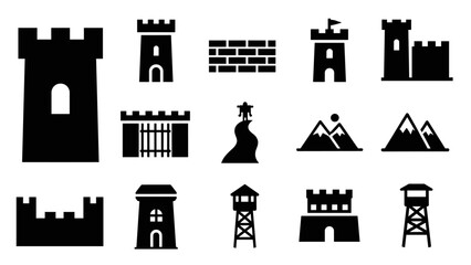 Fototapeta premium castle and fortress tower icons set in black silhouette style with watchtowers wall and mountain elements