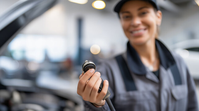 Faceless mechanic worker holding faulty oxygen sensor from vehicle exhaust system automotive repair emission system maintenance lambda sensor replacement motor vehicle service