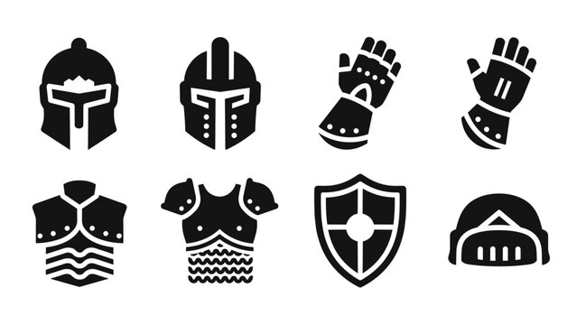 medieval armor set icons hand drawn silhouette style with helmets gloves chestplates shield and gauntlets