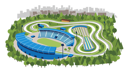 aerial view of a race track stadium surrounded by trees in flat vector style for sports and outdoor events