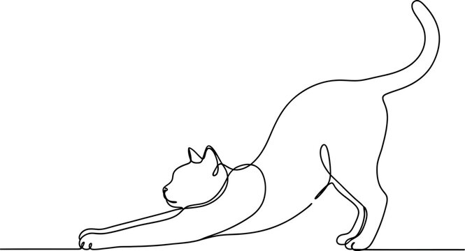 Minimalist continuous line art drawing depicting a domestic cat stretching its body in a relaxed and elegant pose demonstrating feline flexibility and grace.