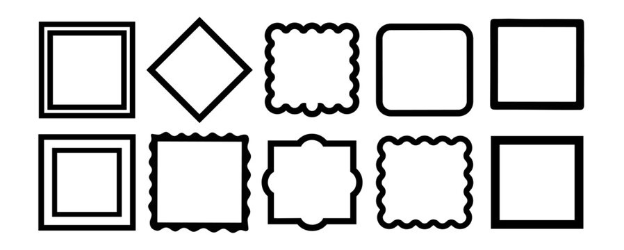 Black outline square frame set, decorative rounded and scalloped borders isolated on transparent background