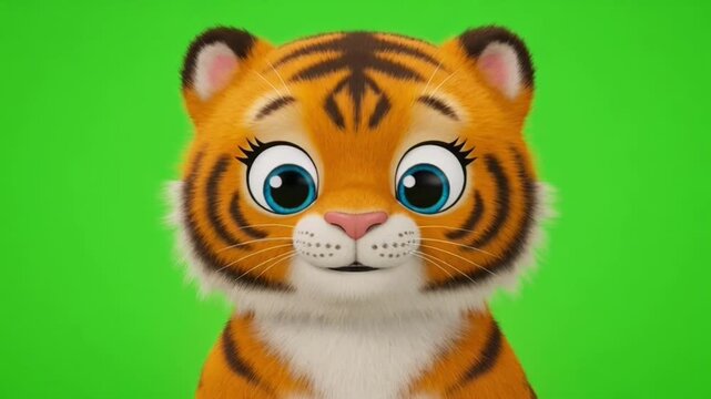 Cute tiger plush toy with bright green background, cartoon style.
