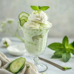 Refreshing cucumber mint yogurt ice cream made in a dessert glass with a garnish of mint leaves