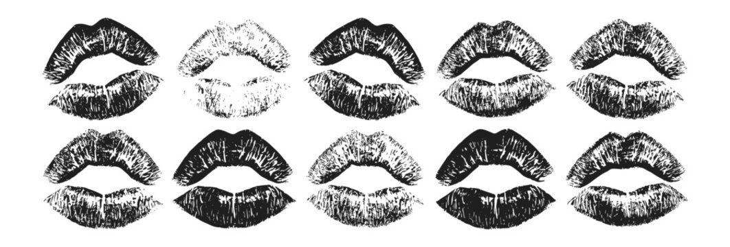 Black and white lipstick kiss mark set, grunge textured lip imprint collection isolated on transparent background