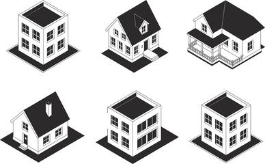Isometric house and residential building vector set, featuring suburban homes, modern villas, and apartment block silhouette © Majnur