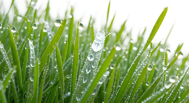 A close-up view of dewy grass blades on a sunny morning