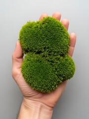 Human Hand Holding Vibrant Green Moss Clump on Neutral Background