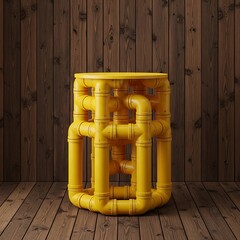 Illuminating Yellow Pipework Table Design Against Rustic Wooden Backdrop