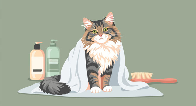 Fluffy Cat Wrapped in Towel with Grooming Supplies