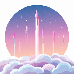 Rockets launching into a starry sky above clouds, futuristic space travel illustration