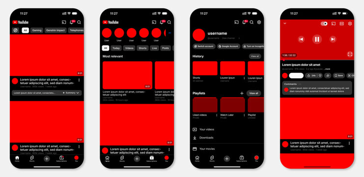 Youtube mockup 2026. Set screen social media and network interface template. Editorial. Dark Mode