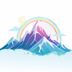 Fototapeta premium Majestic snow-capped mountain range under a vibrant rainbow and serene clouds, a tranquil nature landscape illustration