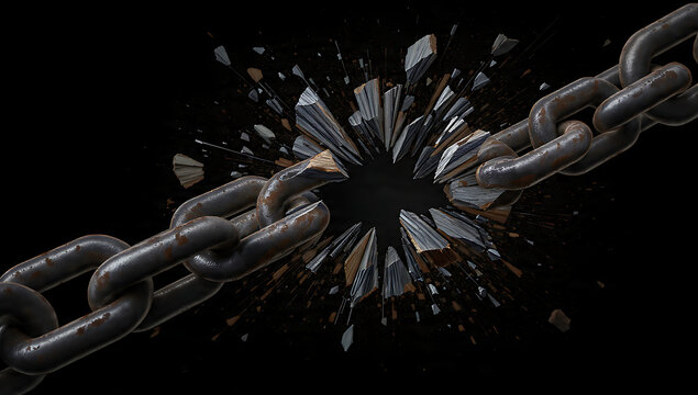 Broken metal chain exploding into fragments on a dark background from a close-up viewpoint