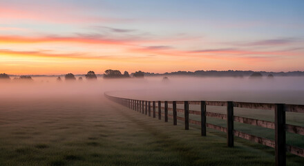 Obraz premium Sunrise over a misty field with a wooden fence