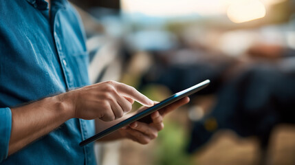 Faceless farmer hands using digital tablet with livestock in blurred background smart agricultural technology modern farm management precision livestock monitoring digital farm
