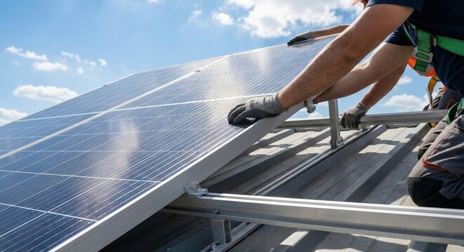 Professional installers in gloves adjusting the tilt of a large solar panel on a metal roof mounting frame under a clear blue sky