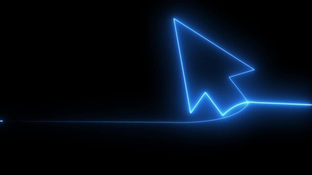Neon line mouse cursor arrow on black background. Animated continuous one line drawing of a cursor arrow. Cursor. Mouse, pointer, click, button, website, user. Computer