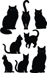 Collection of black cat silhouettes in various sitting and standing poses isolated on white background for Halloween, pet design, and illustration projects