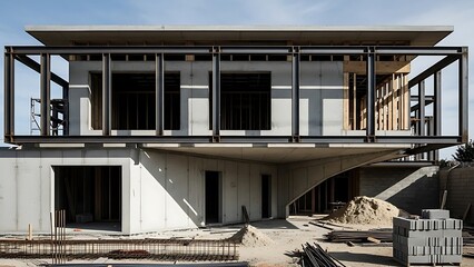 Modern architectural construction, steel framework and concrete walls exterior