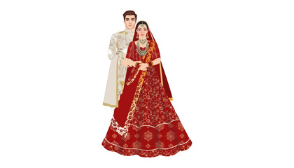 A traditional Indian couple illustration in elegant wedding attire standing together