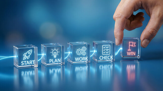 Hand arranging start plan work check win blocks on blue tech background for business success strategy and project management workflow
