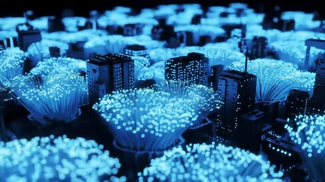 Glowing blue fiber optic bundles form an abstract city