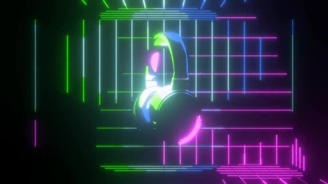 Abstract Retro 80s Motion Graphic of Headset and Neon Visualizer