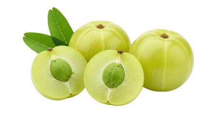 Obraz premium Fresh amla fruits with green leaves isolated on transparent background