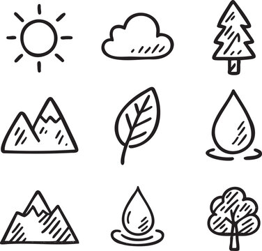 Nature icons set including sun cloud tree mountain leaf and water drop