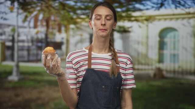 Woman in striped shirt and denim apron holding muffin with gloved hand and grimacing in front of building; skepticism.
