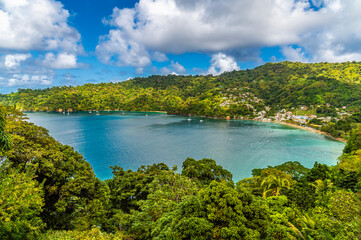 Fototapeta premium A view across Man O War bay towards Charlotteville in Tobago on a bright day in January