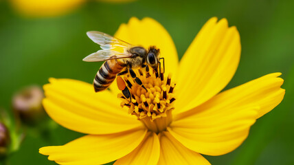 A close-up macro photograph of a honey bee collecting nectar from a bright yellow cosmos flower.