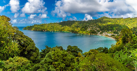 Obraz premium A panorama view across Man O War bay towards Charlotteville in Tobago on a bright day in January
