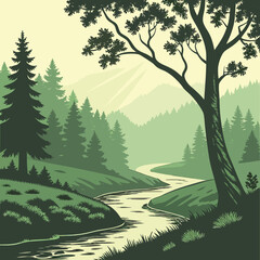 Fototapeta premium Tranquil forest landscape illustration with a winding river flowing through dense evergreen trees and a large oak, set against distant mountains in a serene natural environment.