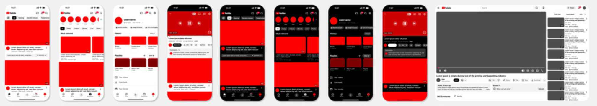 youtube video player mockup - youtube web page frame. Youtube mockup. Set screen social media and network interface template. Editorial. Dark & Light Mode