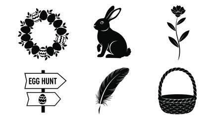 Fototapeta premium Black silhouette icons feature a rabbit, an egg wreath, a feather, a signpost, and a woven basket for.