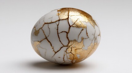 Egg, cracked, sits alone on white.